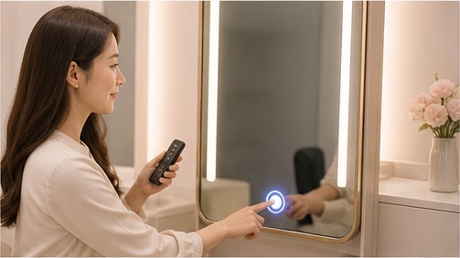 스마트 미러 전원과 리모컨을 조작하는 모습