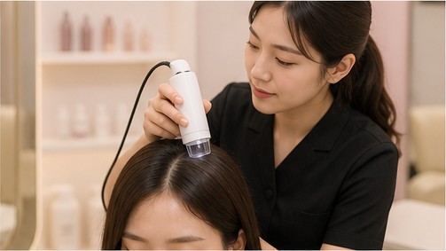 두피진단기로 두피를 촬영하는 모습