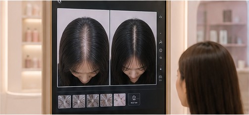 두피와 모발의 사전 사후 상태를 비교하는 화면
