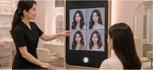스마트 미러에서 헤어스타일을 상담하는 모습