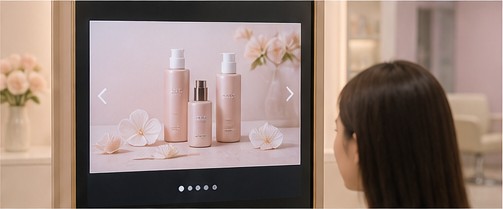 스마트 미러에서 미용 제품 광고를 재생하는 화면