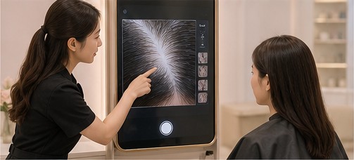 고객에게 뿌리염색 전 두피 상태를 설명하는 모습