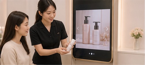 고객에게 두피 홈케어 제품을 안내하는 모습